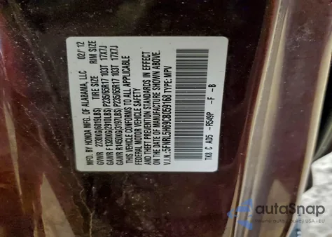 2012 Honda Odyssey Exl z USA, uszkodzony, nr VIN 5FNRL5H69CB059168